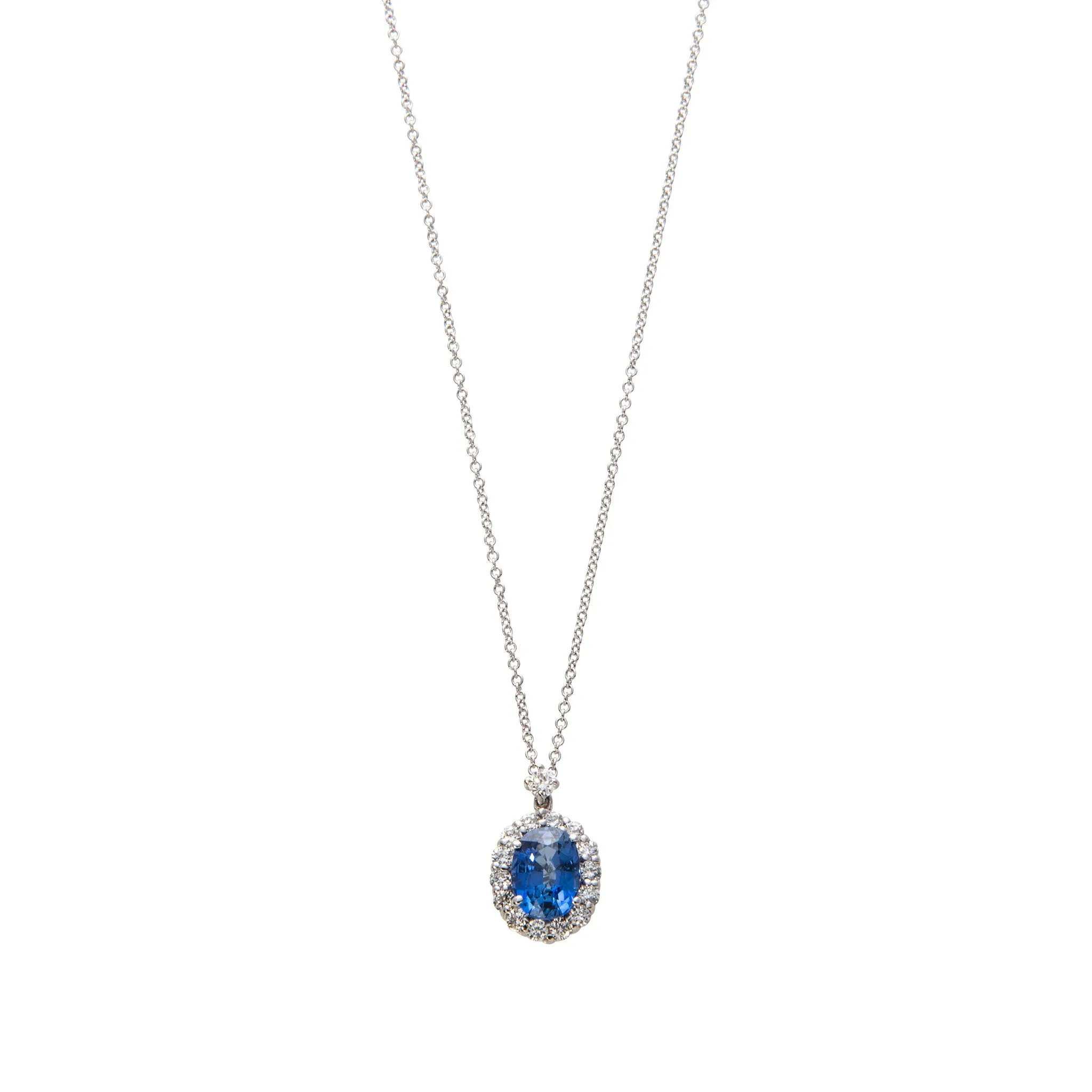1.36ct Sapphire & Diamond Halo 18K White Gold Pendant Necklace