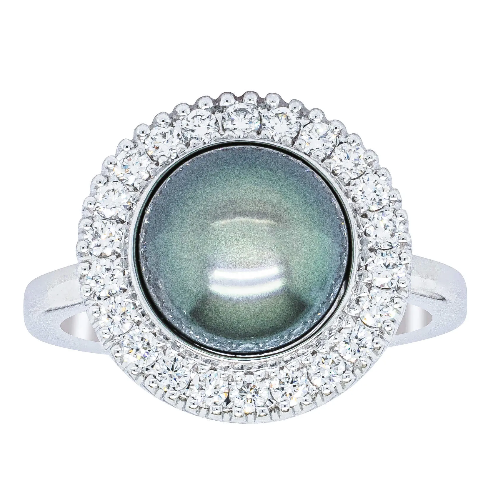 18ct White Gold 9.1mm Tahitian Black Pearl & Diamond Daisy Ring