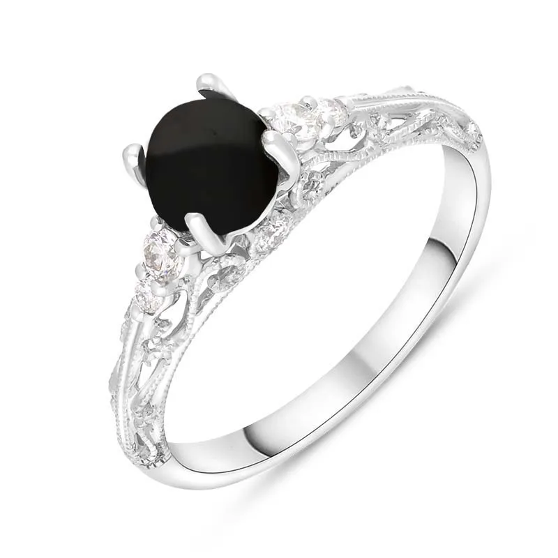 18ct White Gold Whitby Jet Diamond 0.18ct Ornate Claw Set Ring