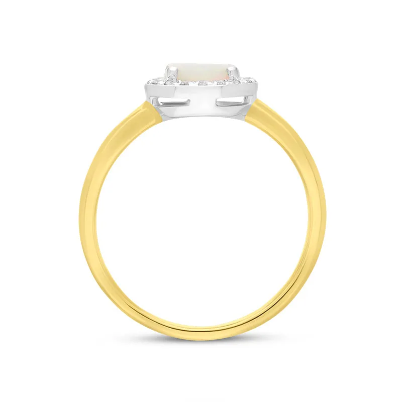 18ct Yellow Gold Opal Diamond Round Halo Ring