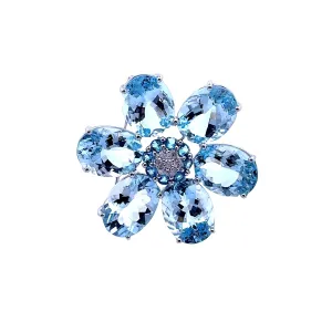 44.65 Carats Aquamarine Diamond 18k White Gold Flower Brooch-Pendant