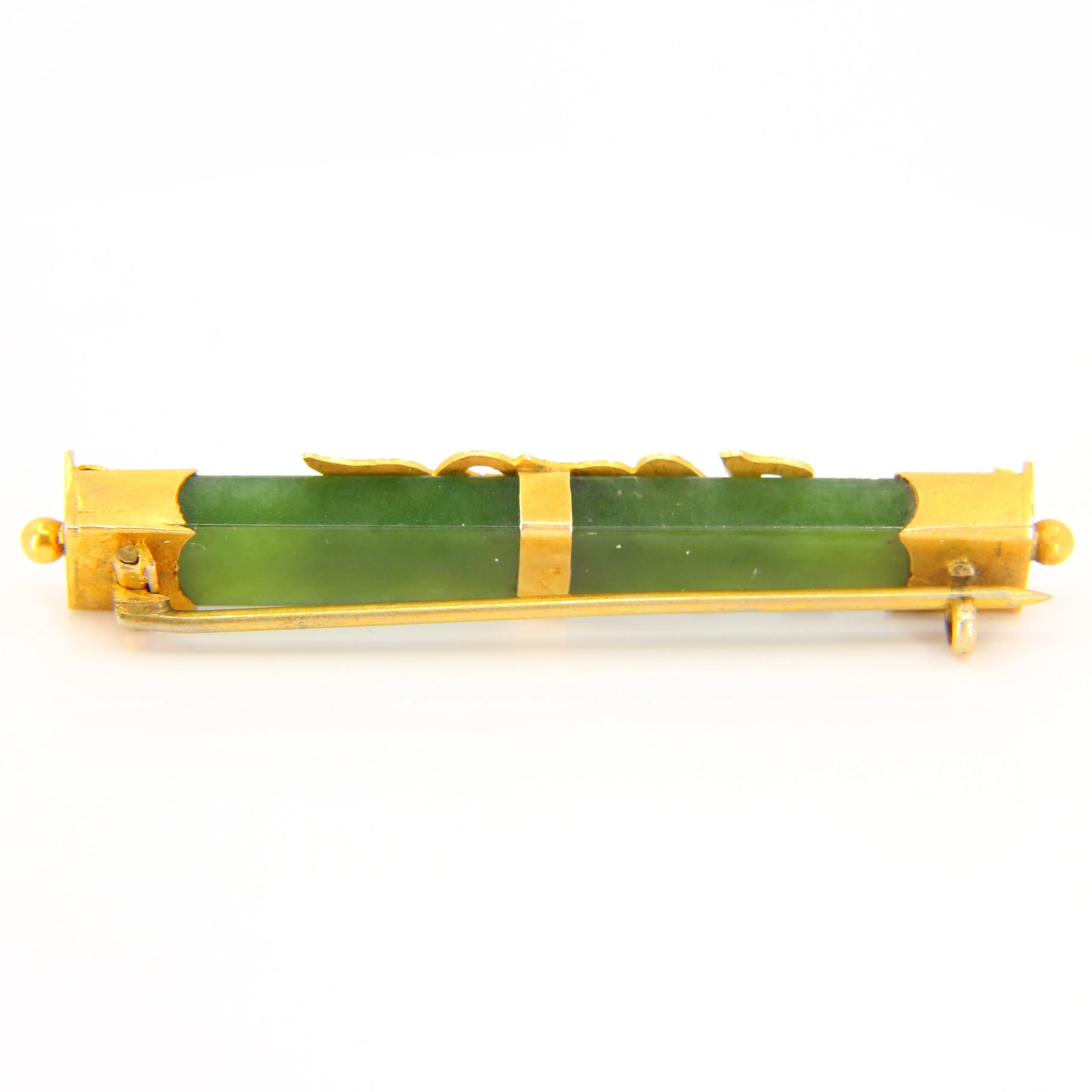 Antique 9ct Flower New Zealand Nephrite Jade Bar Brooch 9 Carat Gold Mounted
