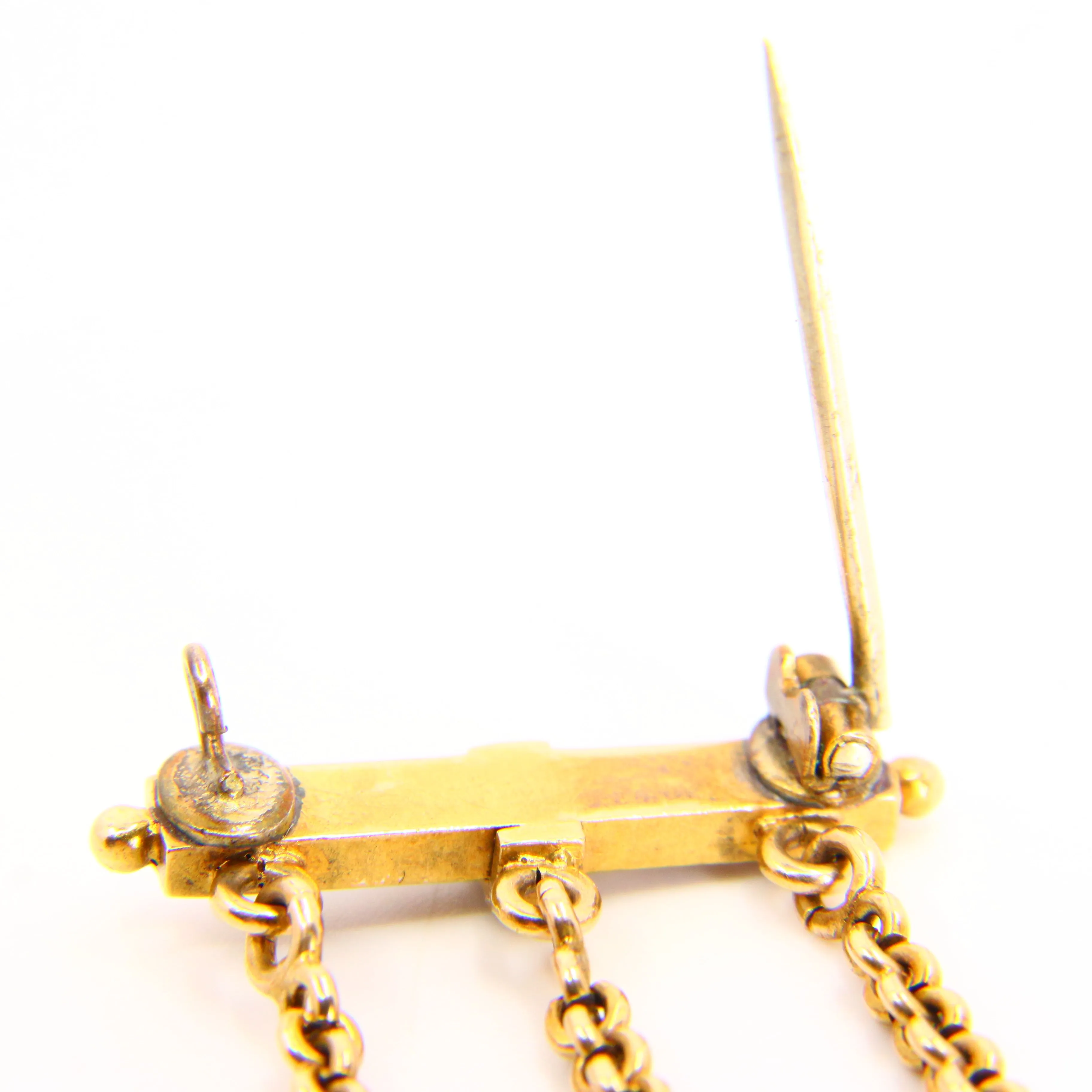 Antique Victorian 15k Gold Pearl Enamel Brooch with 3 Suspensions Chain Link