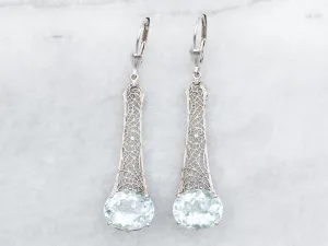 Art Deco Aquamarine Filigree Drop Earrings