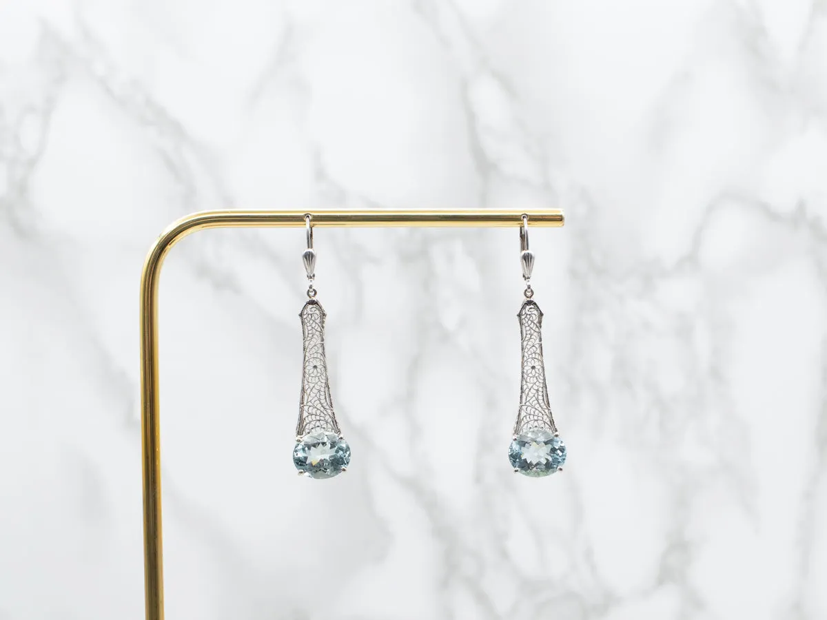 Art Deco Aquamarine Filigree Drop Earrings