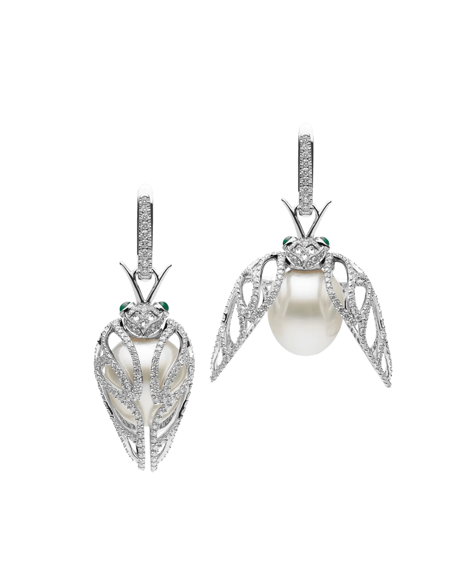 Diamond Cicada Pearl Earrings | 13mm Oval Pearls, Diamonds, and White Gold