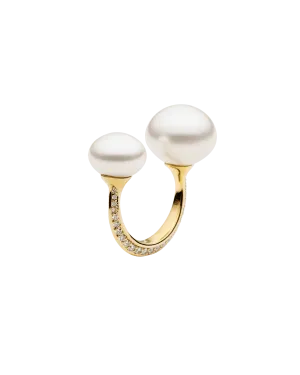 Diamond Double Pearl Split Ring | 11-13mm Button Pearls, Diamond, and Yellow Gold