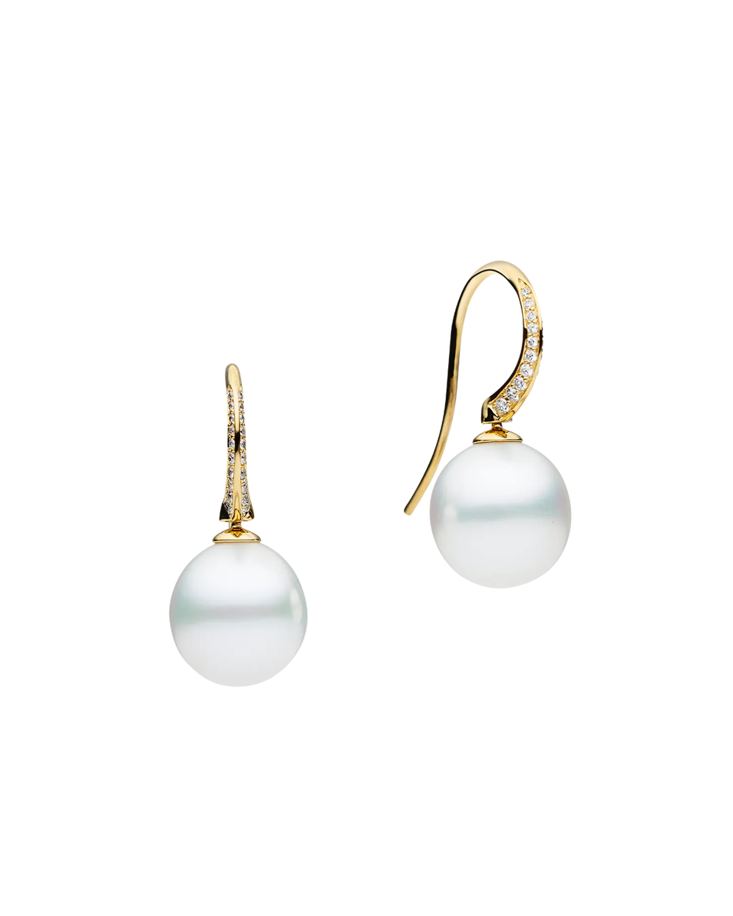 Diamond Keel Edge Pearl Earrings | 11mm Oval Pearls, Diamonds, and Yellow Gold