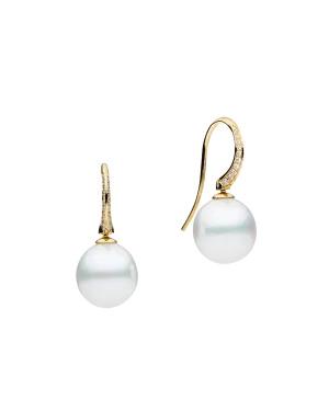 Diamond Keel Edge Pearl Earrings | 11mm Oval Pearls, Diamonds, and Yellow Gold