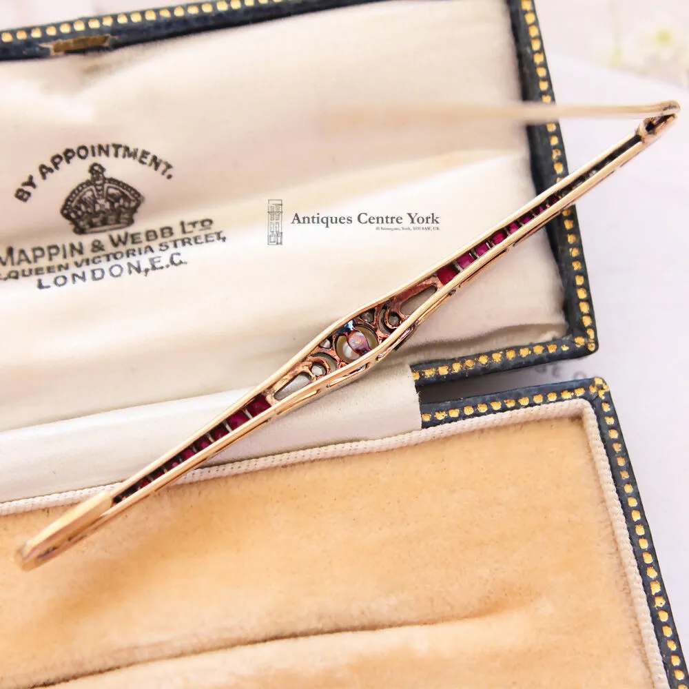 Edwardian 15ct Ruby, Diamond & Pearl Bar Brooch