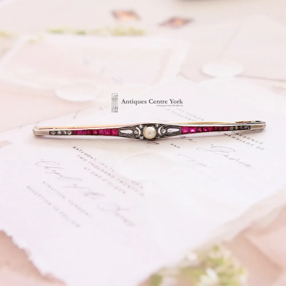 Edwardian 15ct Ruby, Diamond & Pearl Bar Brooch