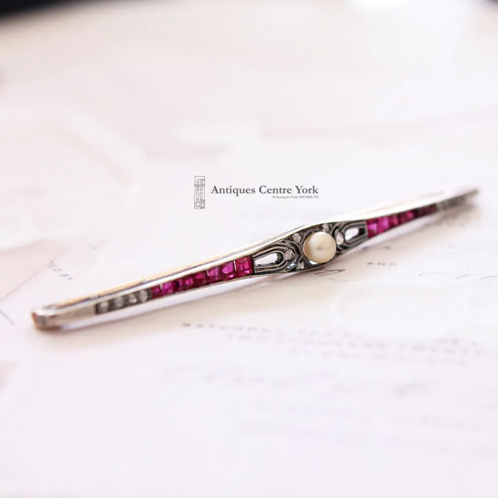 Edwardian 15ct Ruby, Diamond & Pearl Bar Brooch