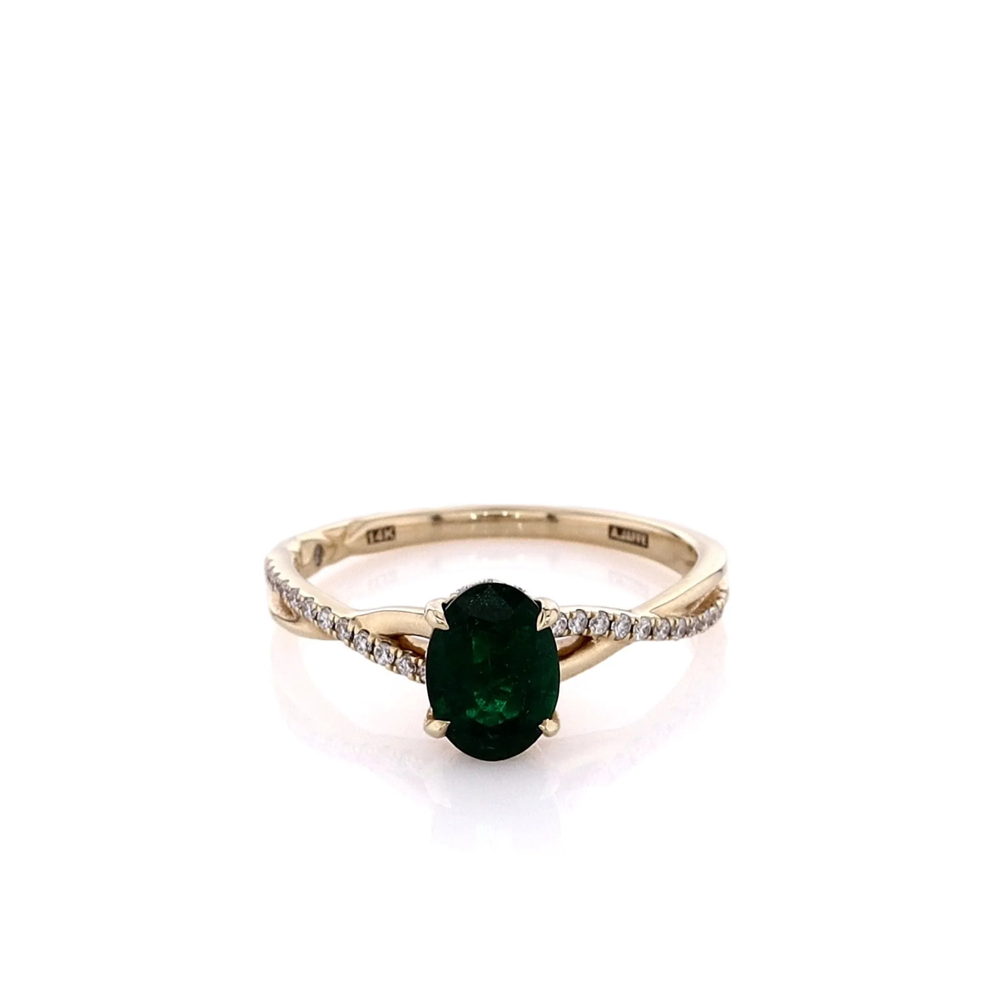Estate 14k Yellow Gold Emerald and Diamond Twist Shank Ring