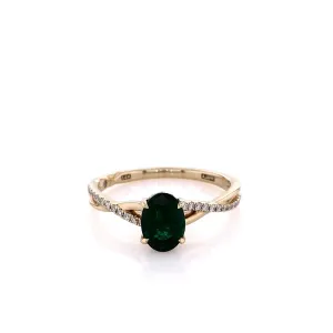 Estate 14k Yellow Gold Emerald and Diamond Twist Shank Ring