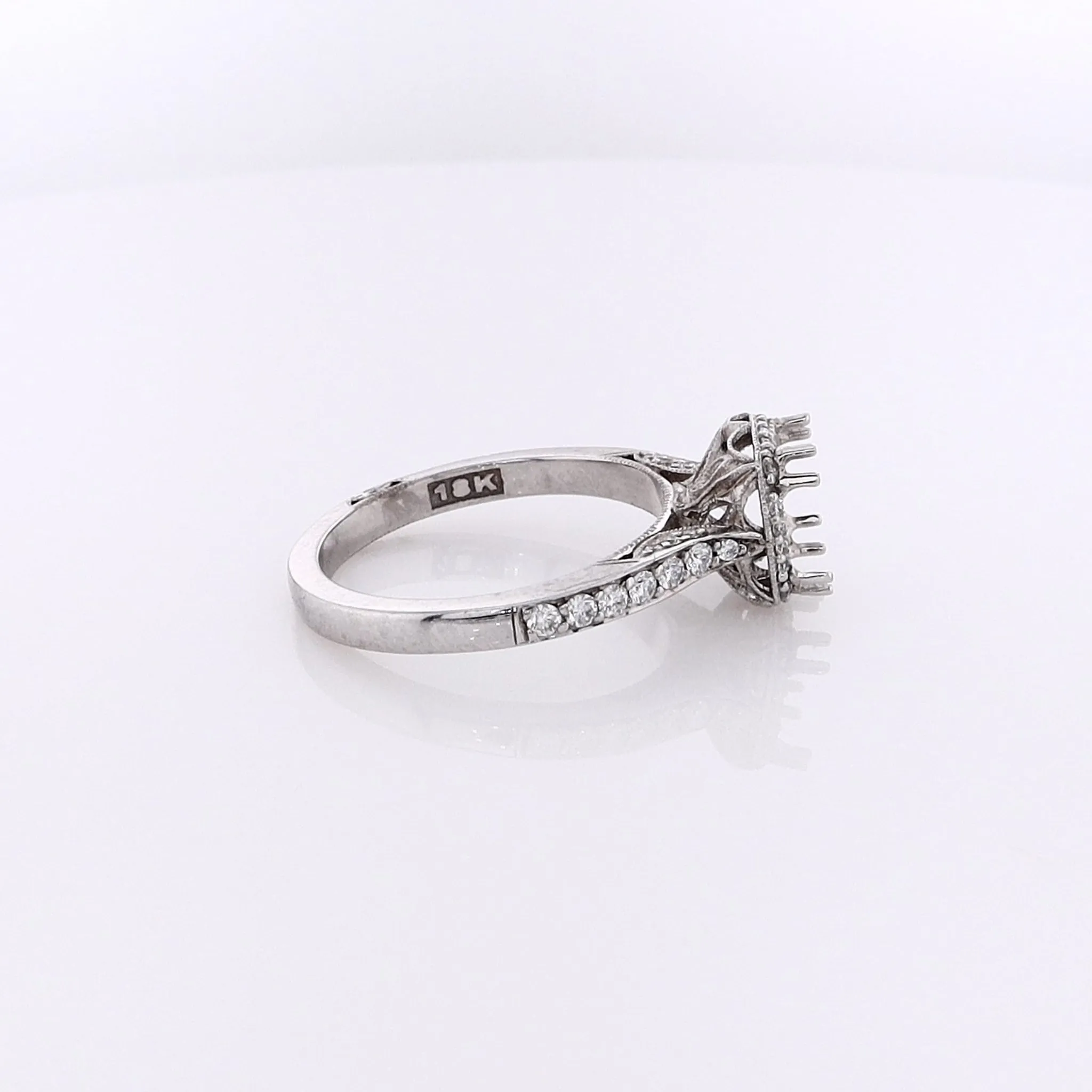 Estate Tacori 18 Karat White Gold Diamond 3 Sided Halo and Shank Ring Mounting