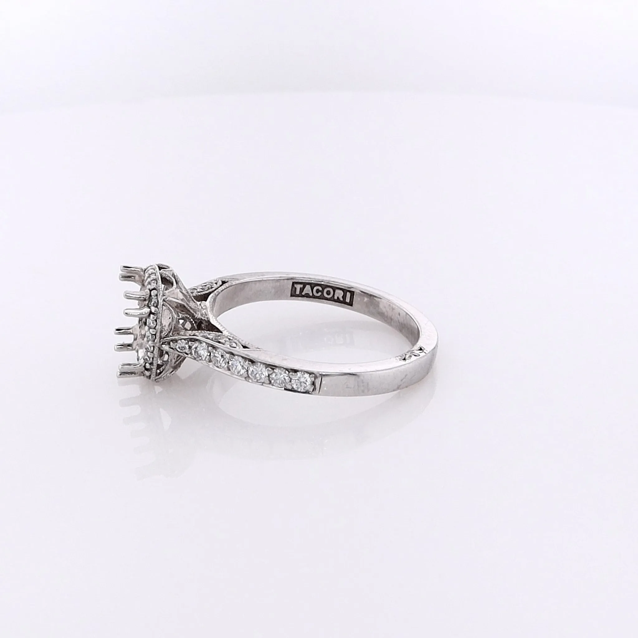 Estate Tacori 18 Karat White Gold Diamond 3 Sided Halo and Shank Ring Mounting