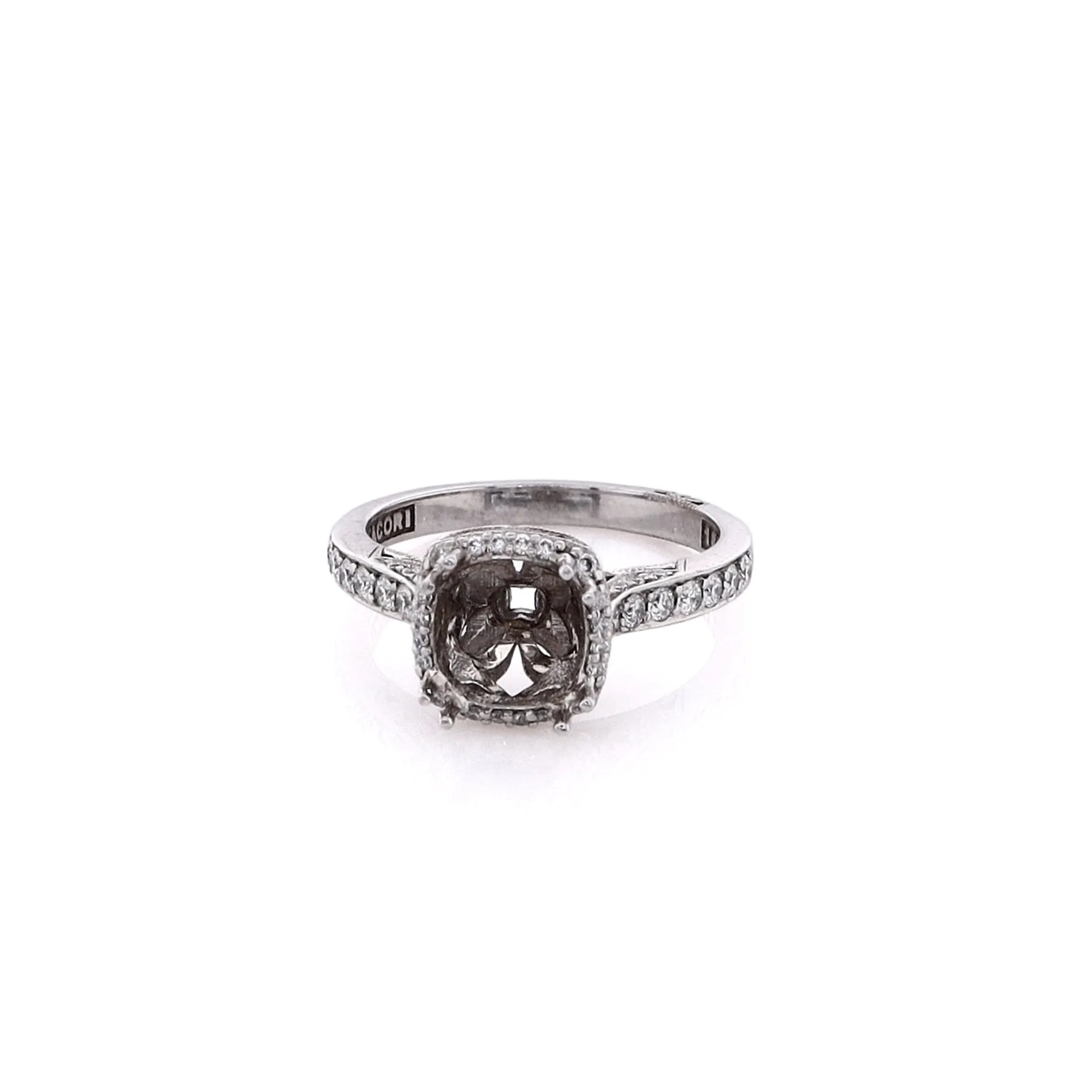 Estate Tacori 18 Karat White Gold Diamond 3 Sided Halo and Shank Ring Mounting