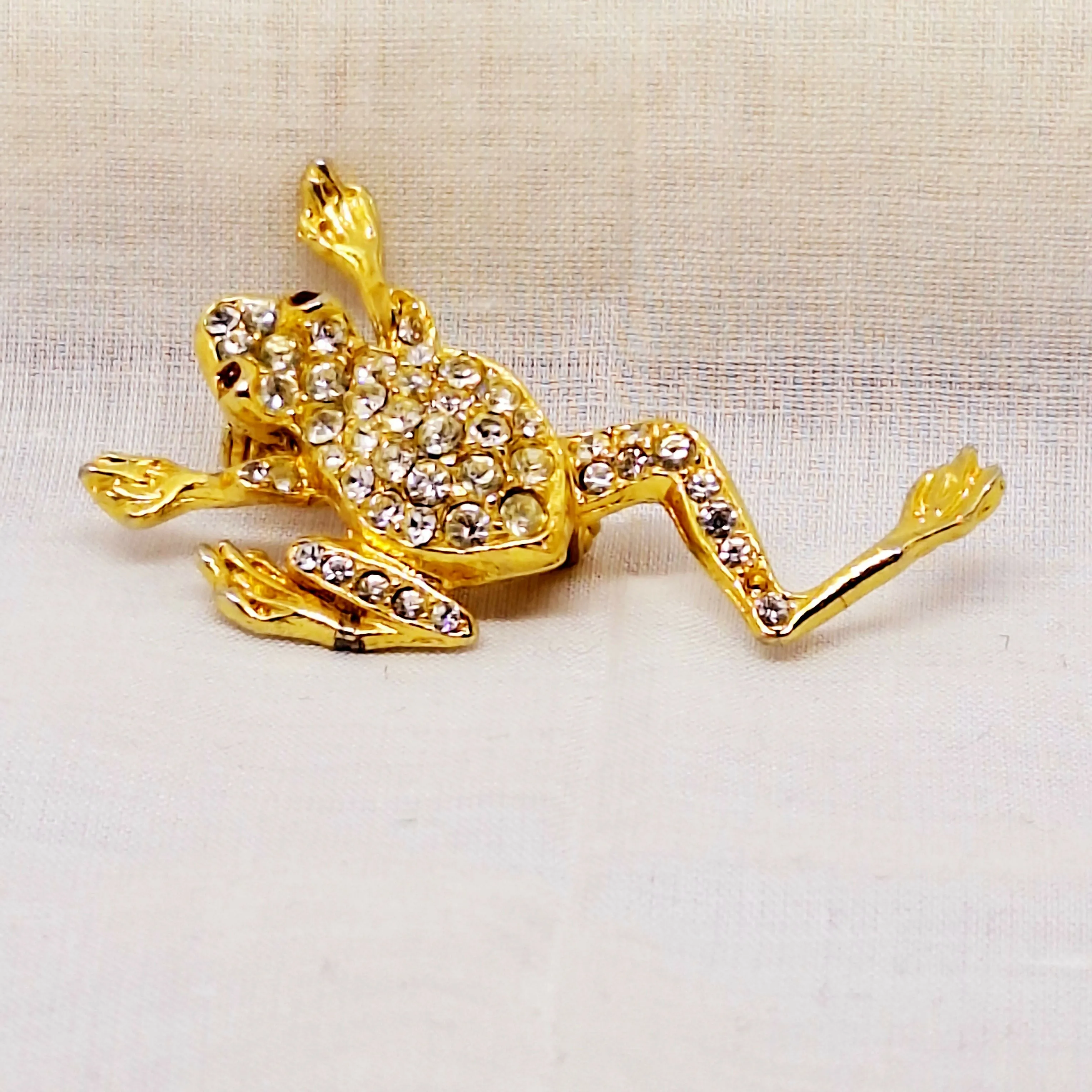 Gold Tone & Faux Diamond Frog Brooch