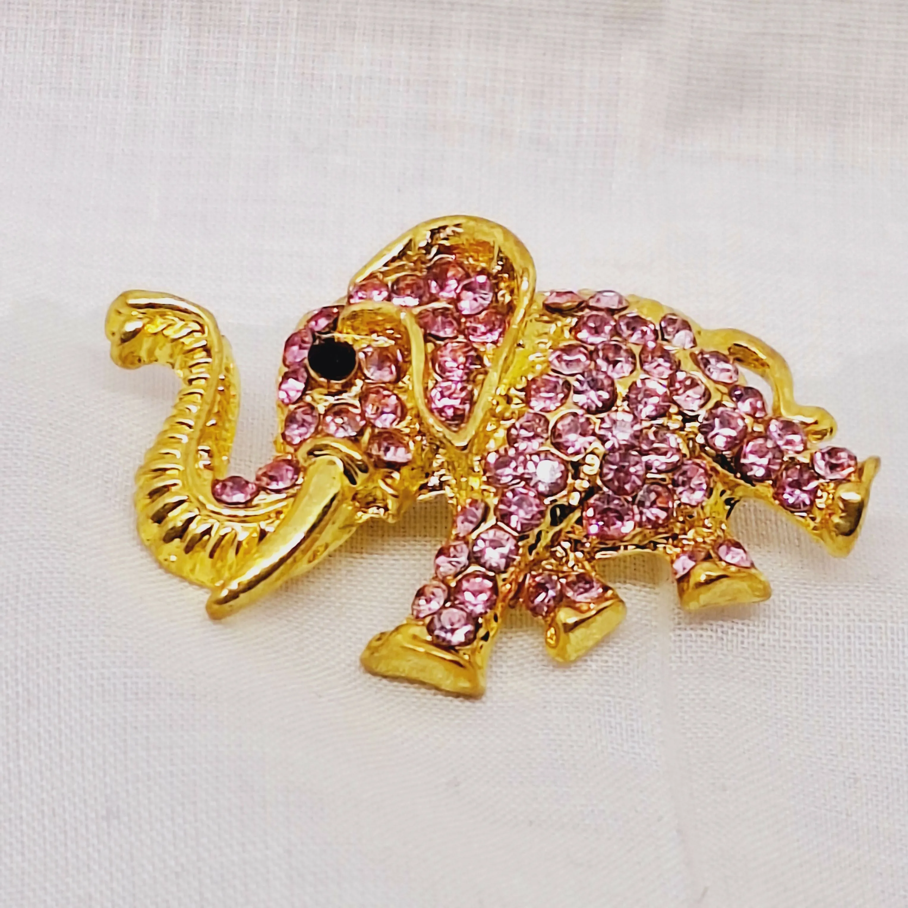 Gold Tone & Faux Pink Topaz Elephant Brooch