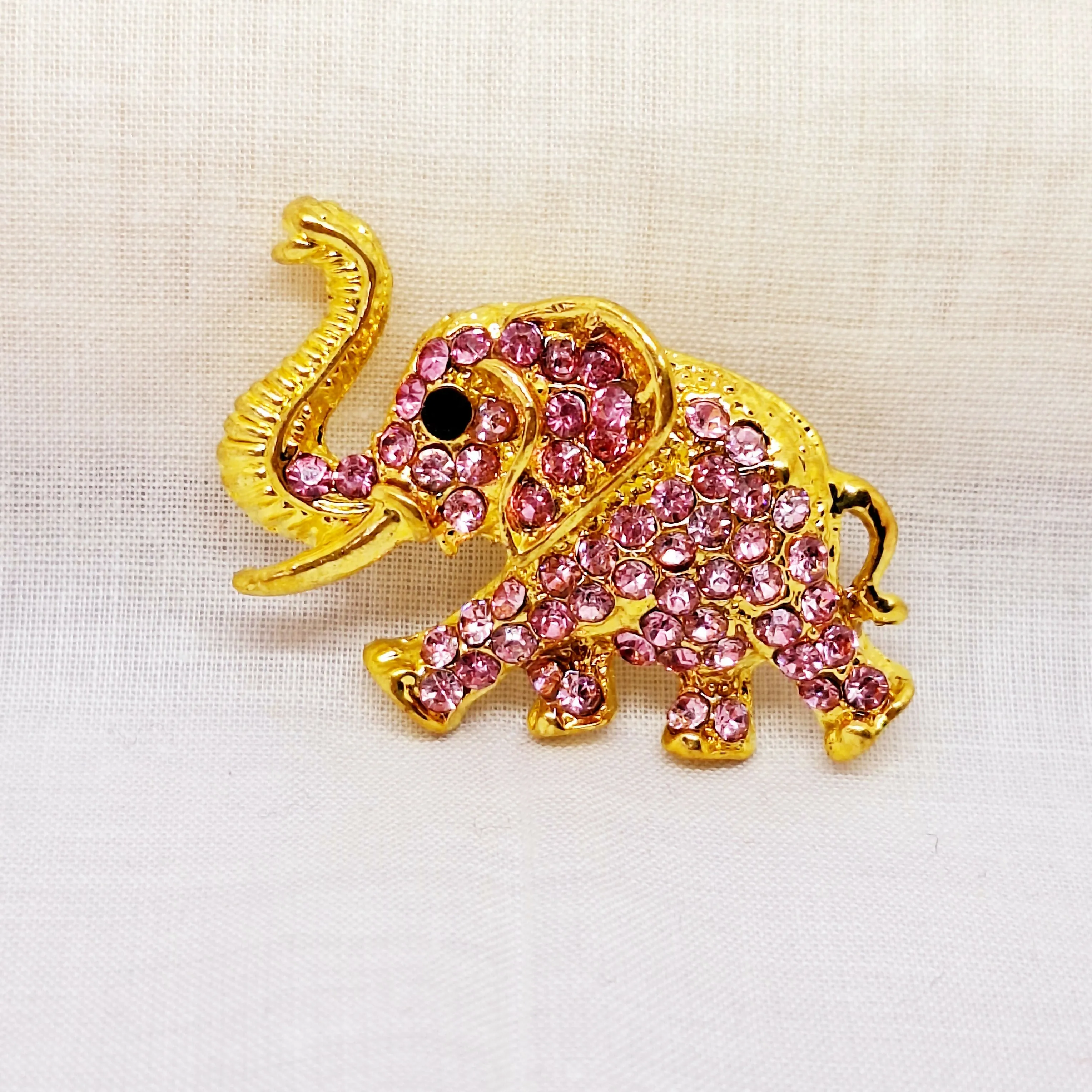 Gold Tone & Faux Pink Topaz Elephant Brooch