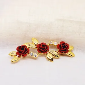 Gold Tone Red Rose Brooch