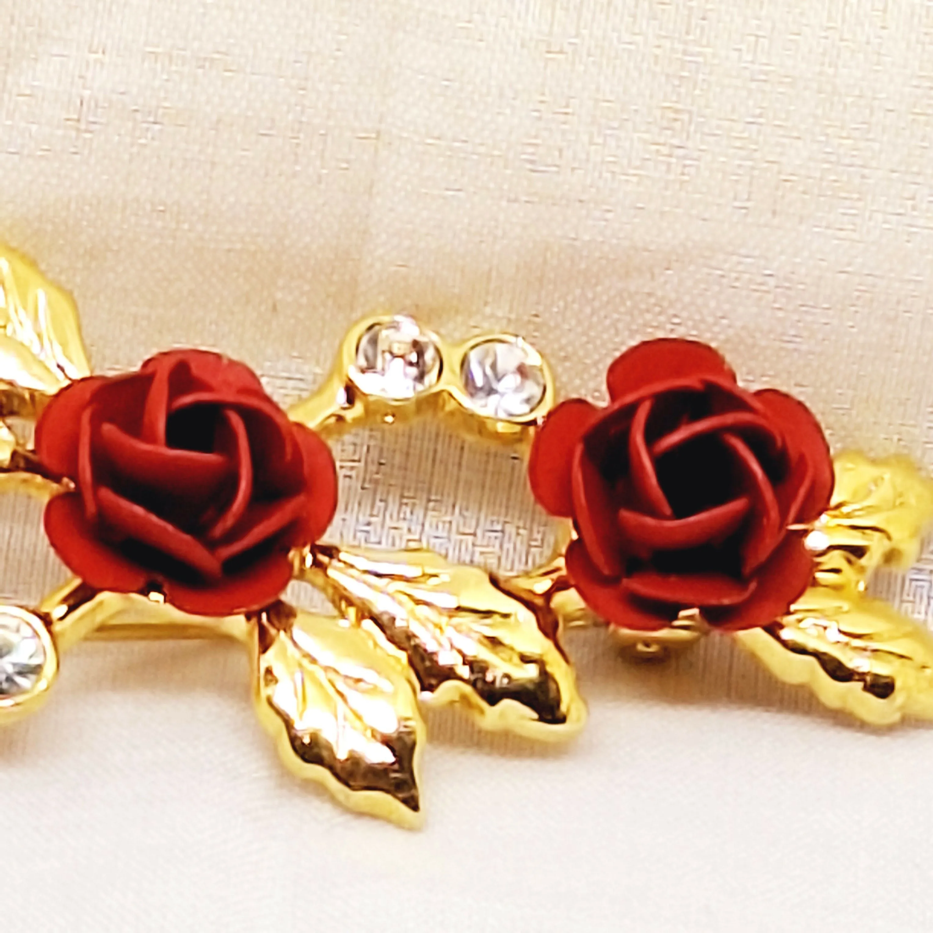 Gold Tone Red Rose Brooch