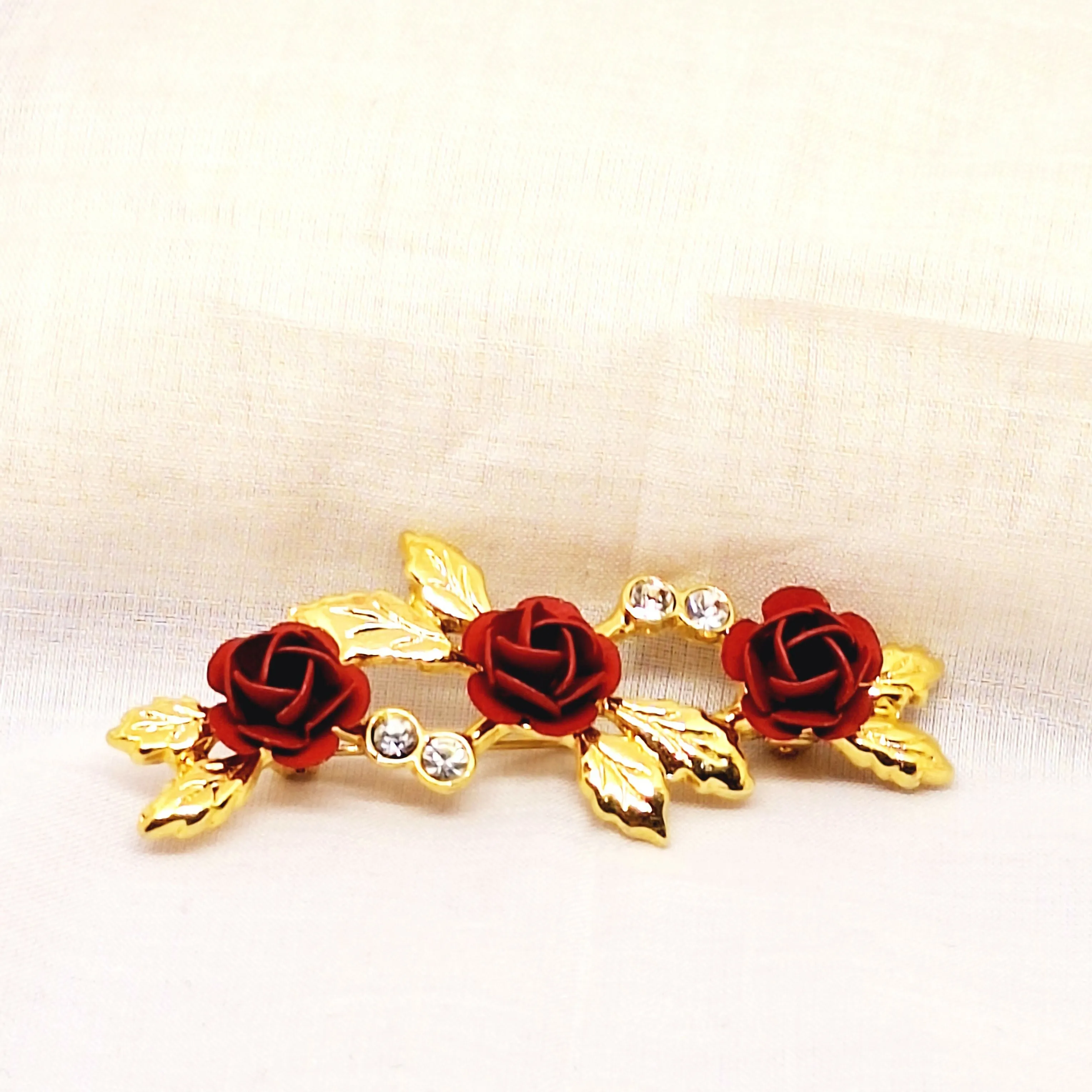 Gold Tone Red Rose Brooch