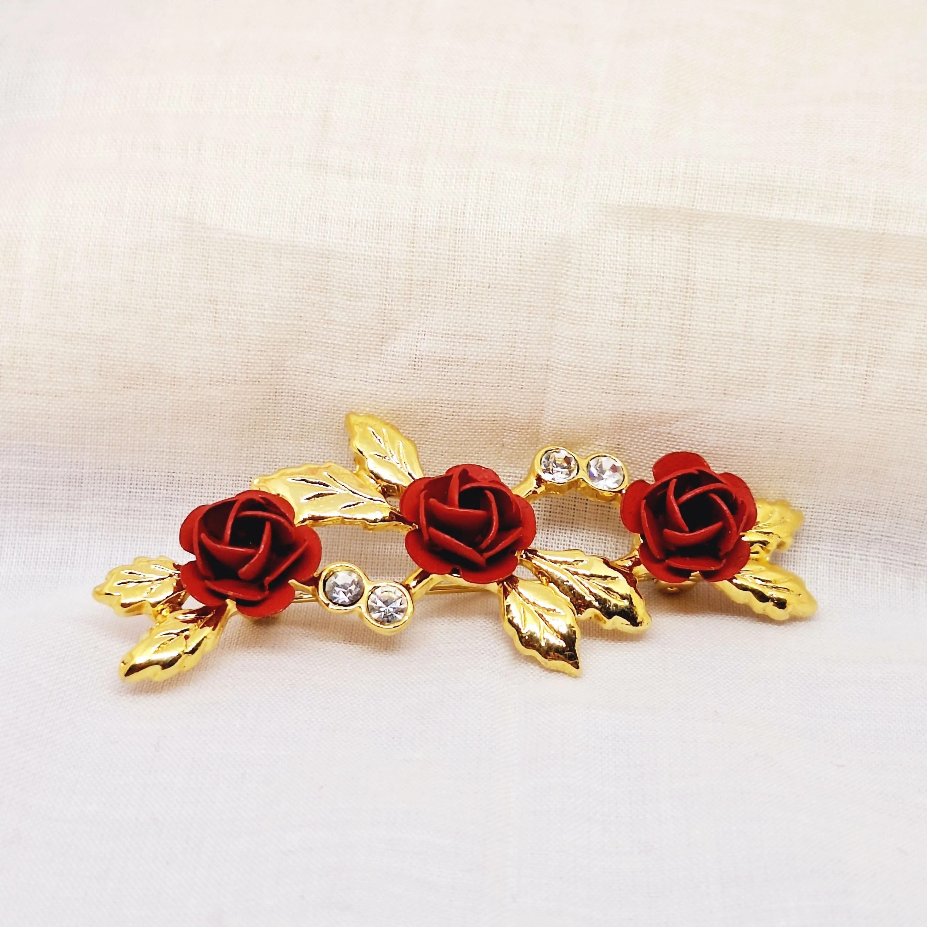 Gold Tone Red Rose Brooch