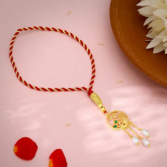 Golden Dangling Pearls Peacock Lumba Rakhi