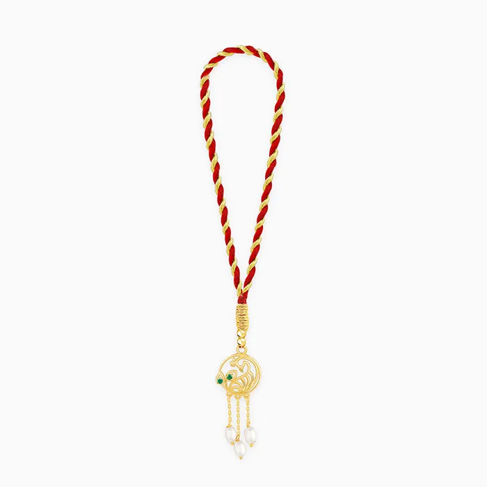 Golden Dangling Pearls Peacock Lumba Rakhi