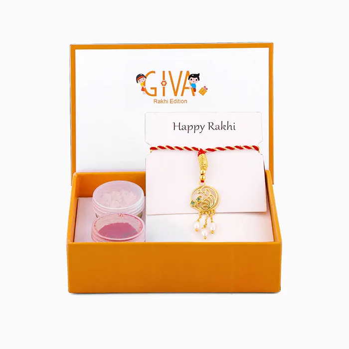 Golden Dangling Pearls Peacock Lumba Rakhi