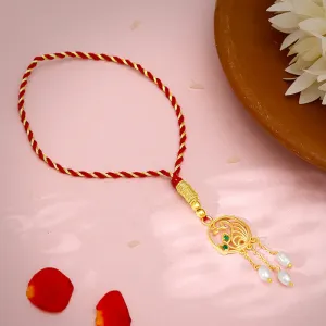 Golden Dangling Pearls Peacock Lumba Rakhi