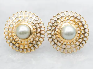 Gray Pearl Stud Earrings with Openwork Frame