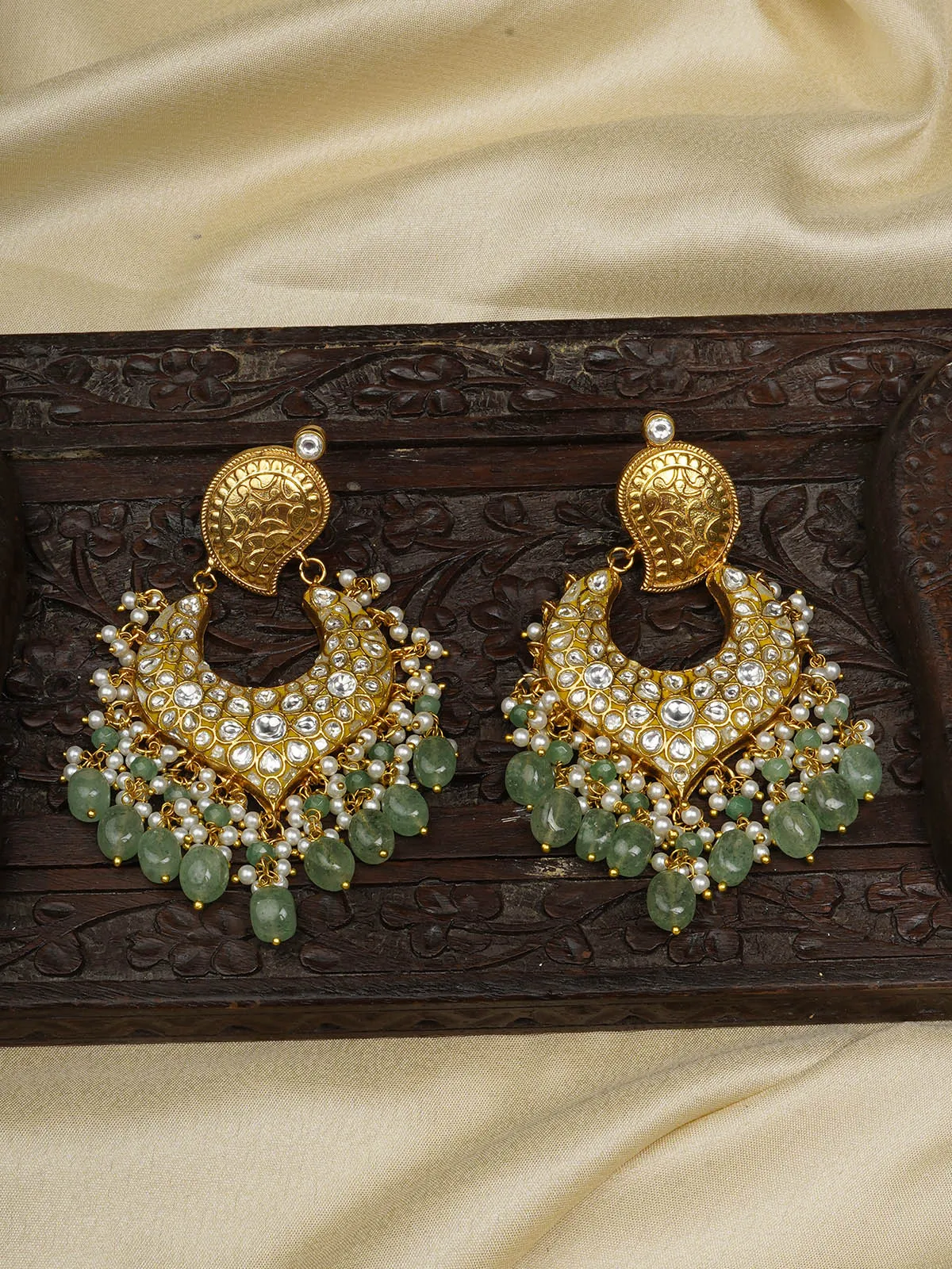 Green Color Gold Plated Thappa Jadau Kundan Earrings - TJ-E99A