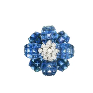 Invisible-Set Blue Sapphire Diamond 18k White Gold Flower Brooch & Pendant
