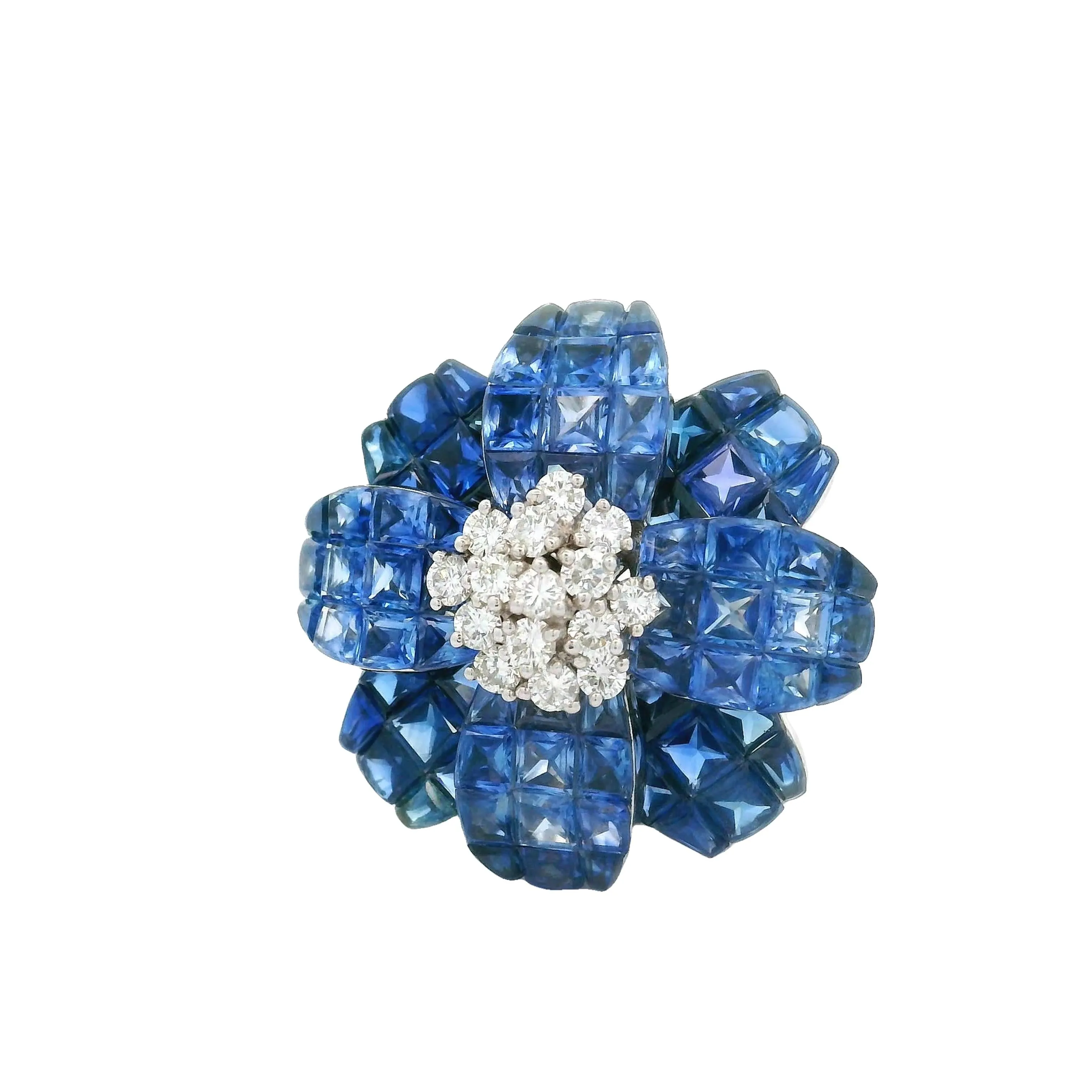 Invisible-Set Blue Sapphire Diamond 18k White Gold Flower Brooch & Pendant