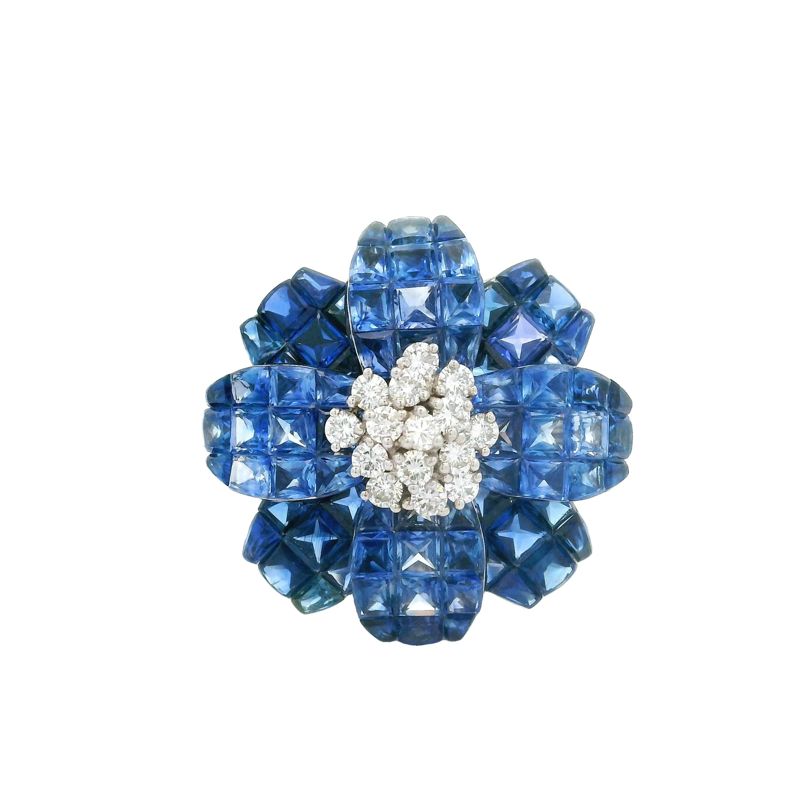 Invisible-Set Blue Sapphire Diamond 18k White Gold Flower Brooch & Pendant