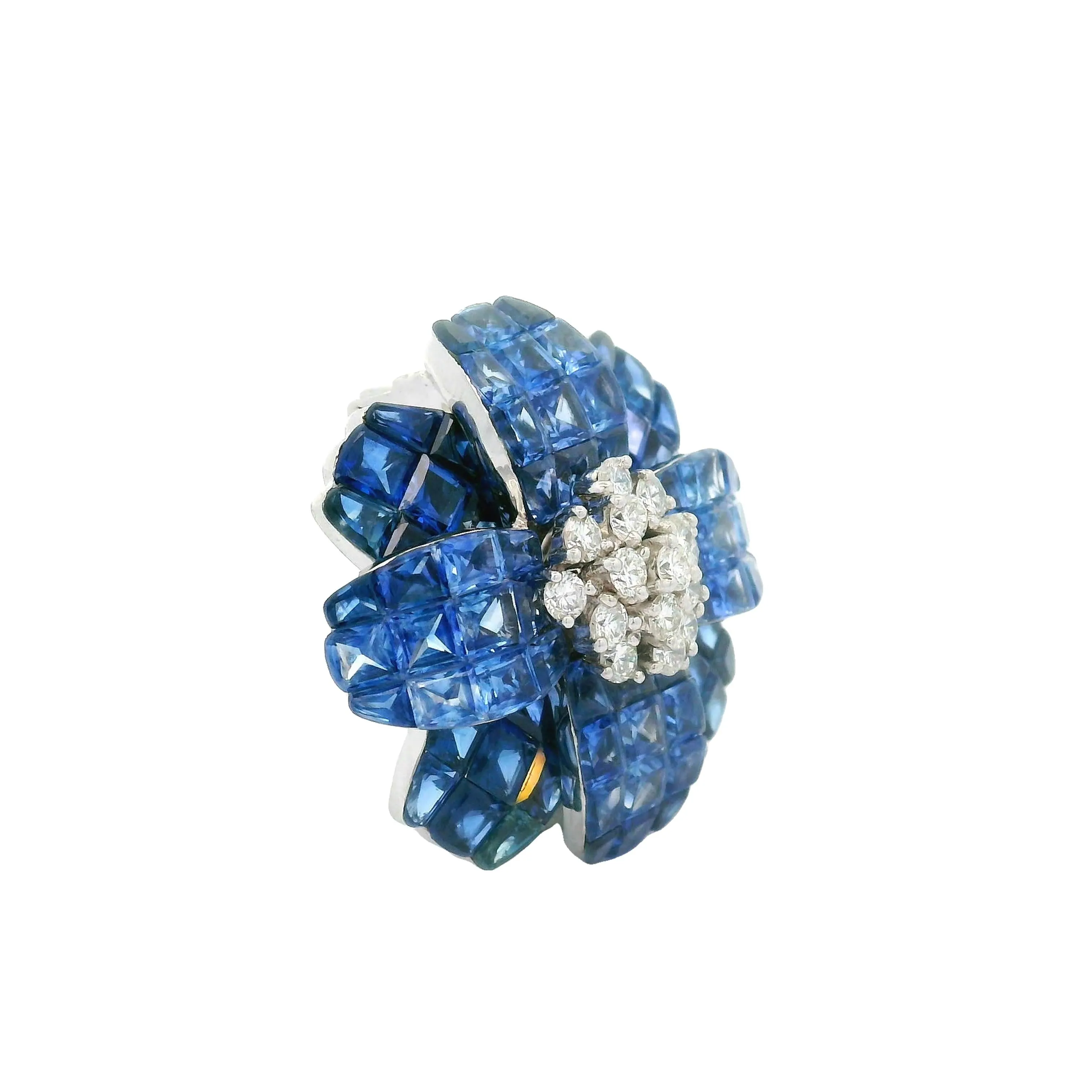 Invisible-Set Blue Sapphire Diamond 18k White Gold Flower Brooch & Pendant