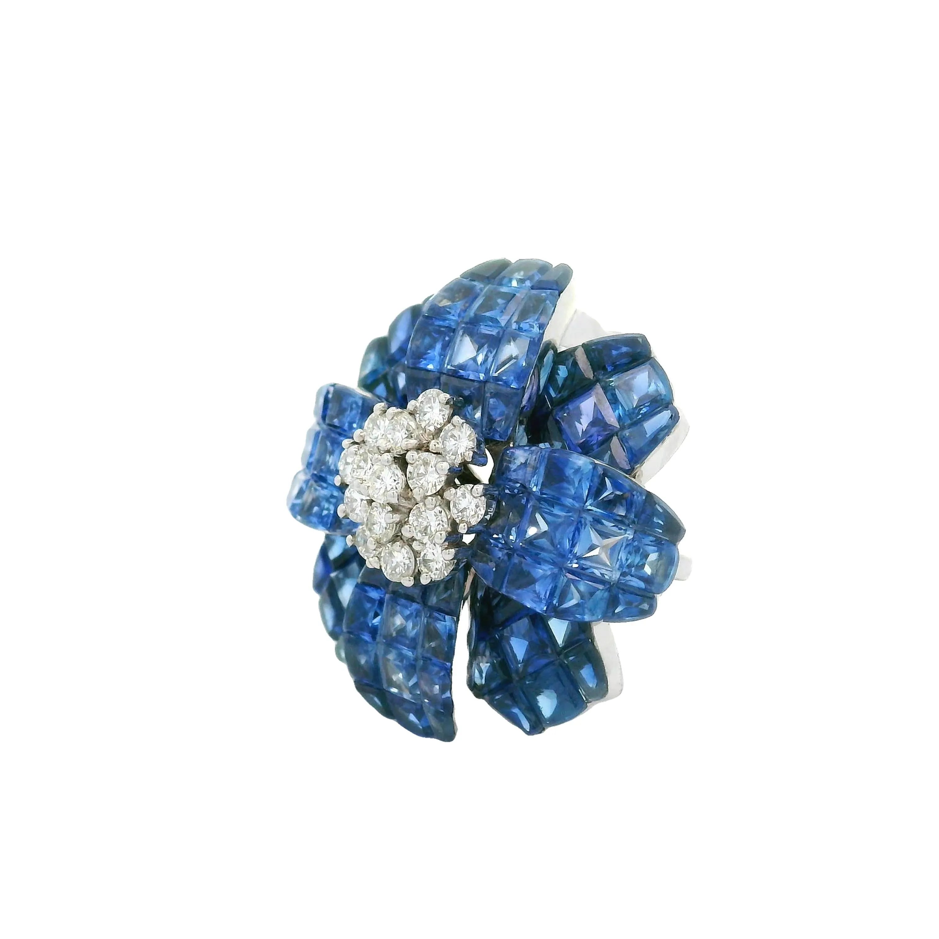 Invisible-Set Blue Sapphire Diamond 18k White Gold Flower Brooch & Pendant