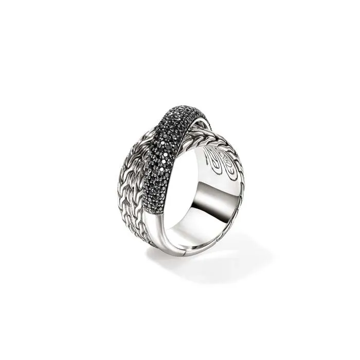 John Hardy Black Sapphire Essential Crossover Pav Ring in Sterling Silver, 12.5MM