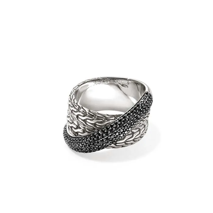 John Hardy Black Sapphire Essential Crossover Pav Ring in Sterling Silver, 12.5MM