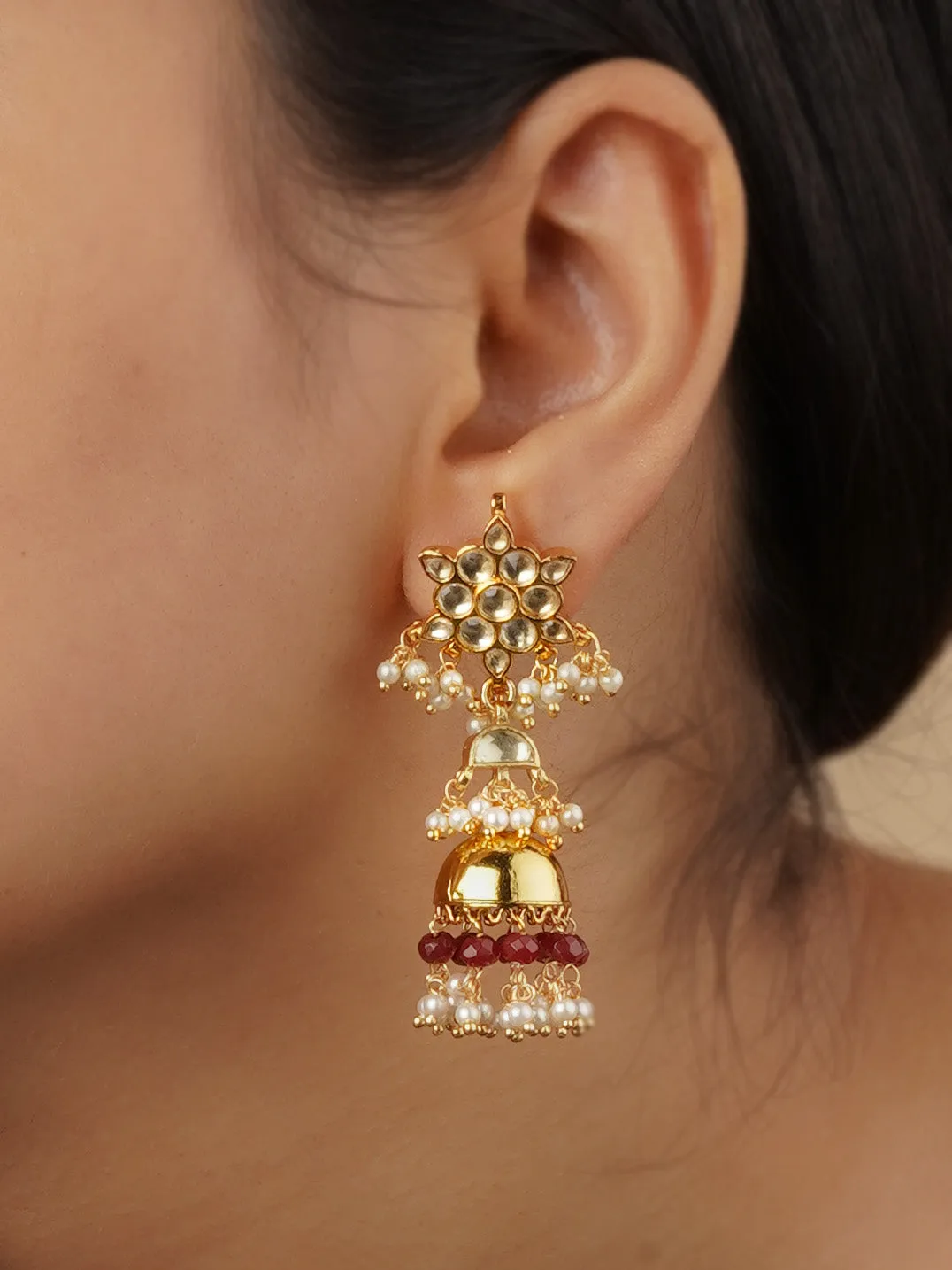 Maroon Color Gold Plated Jadau Kundan Earrings - ME989YA