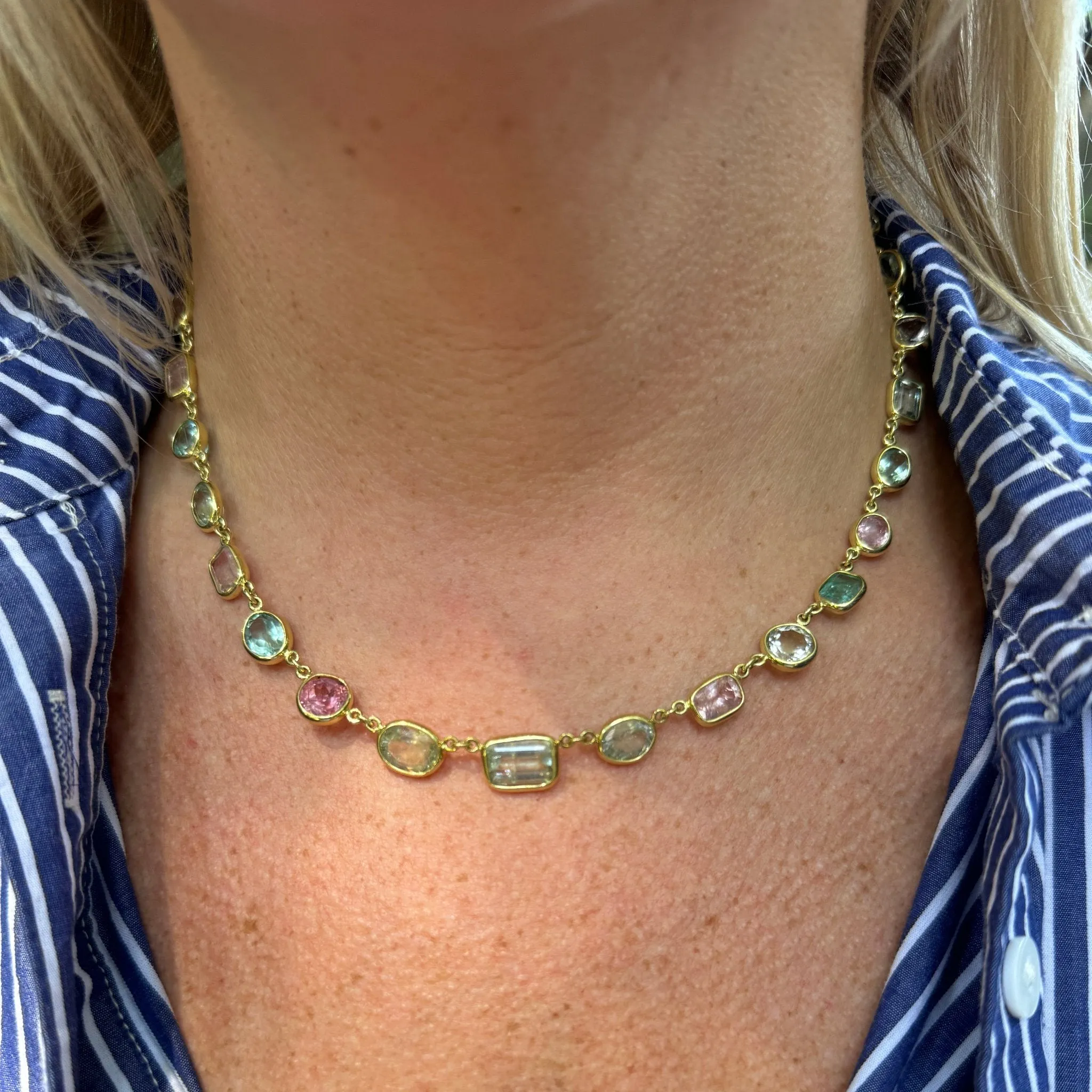 Mazza Multi-Color Pastel Tourmaline Bezel Station 18K Gold Necklace