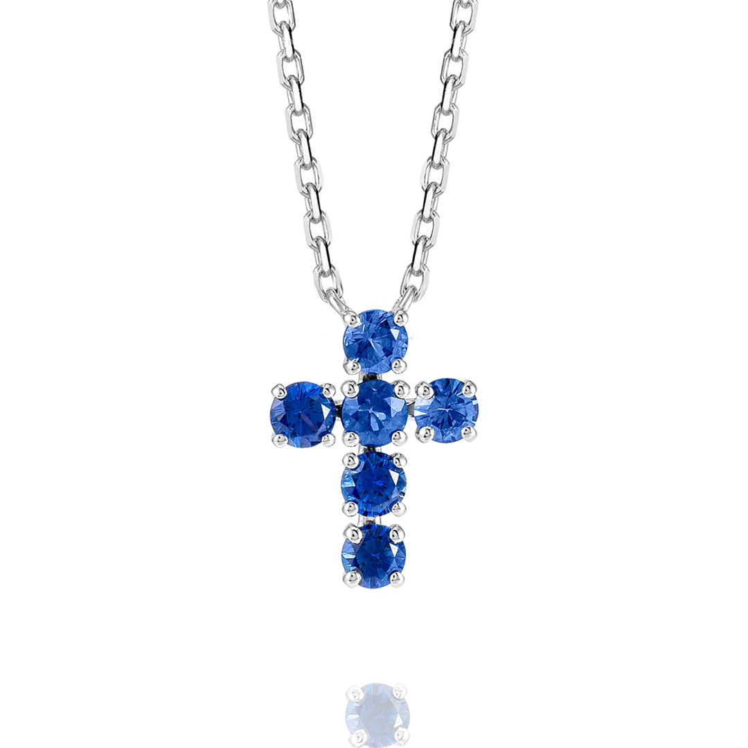 Medium Blue Sapphire Cross Pendant White Gold