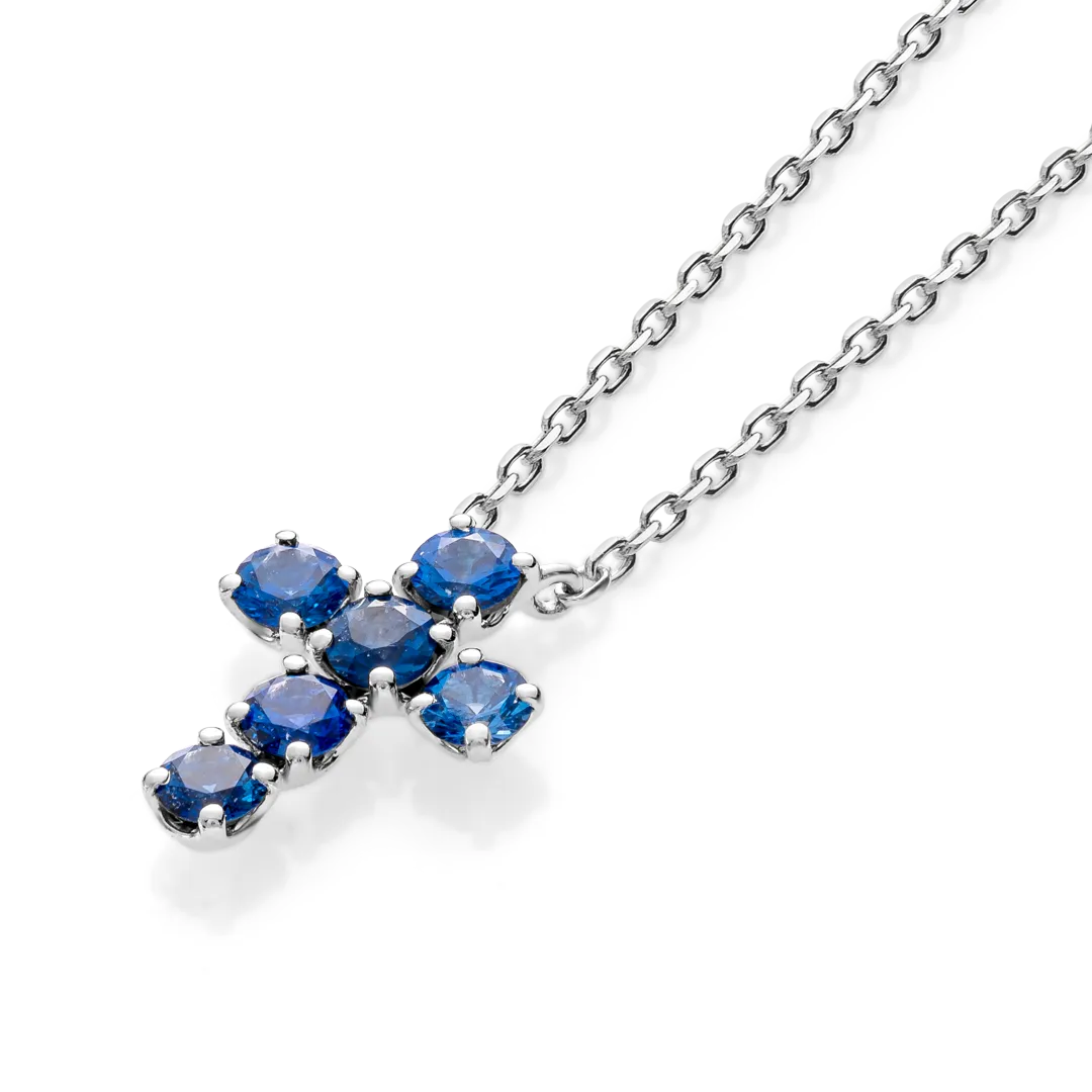 Medium Blue Sapphire Cross Pendant White Gold