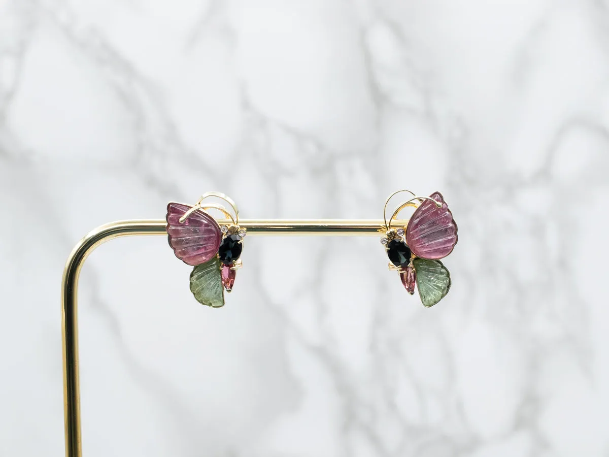 Multi Colored Tourmaline and Diamond Butterfly Earrings