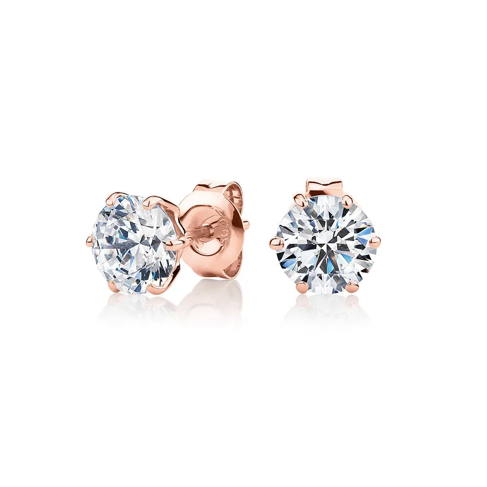 Round Brilliant stud earrings with 2 carats* of diamond simulants in 10 carat rose gold