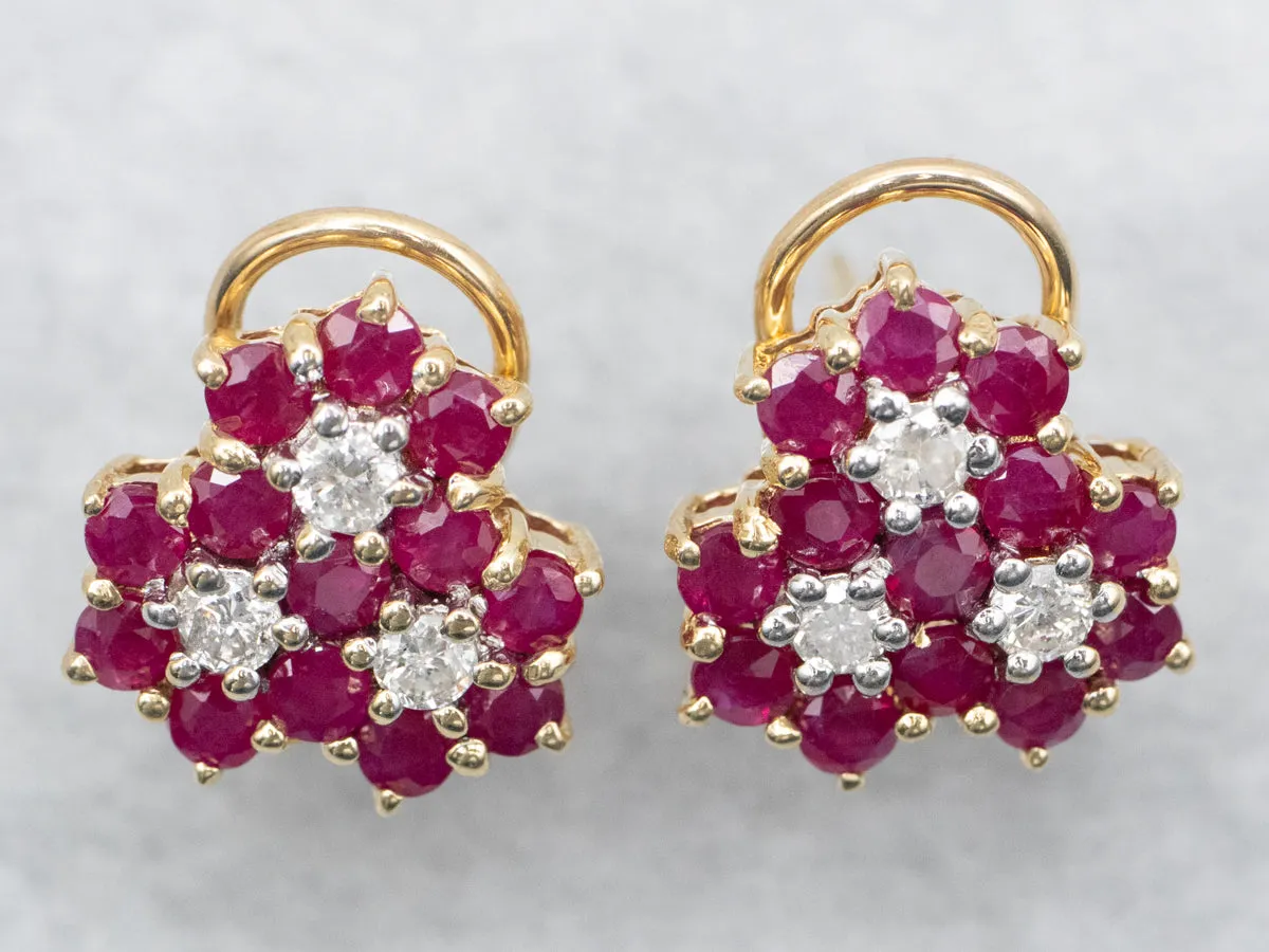 Ruby and Diamond Cluster Stud Earrings with Omega Backs