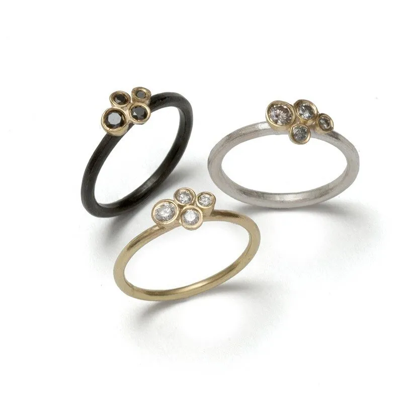 Silver Cluster Ring with Grey Diamonds set in 18k Gold