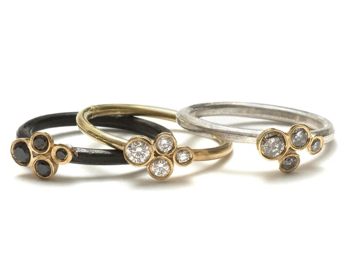 Silver Cluster Ring with Grey Diamonds set in 18k Gold